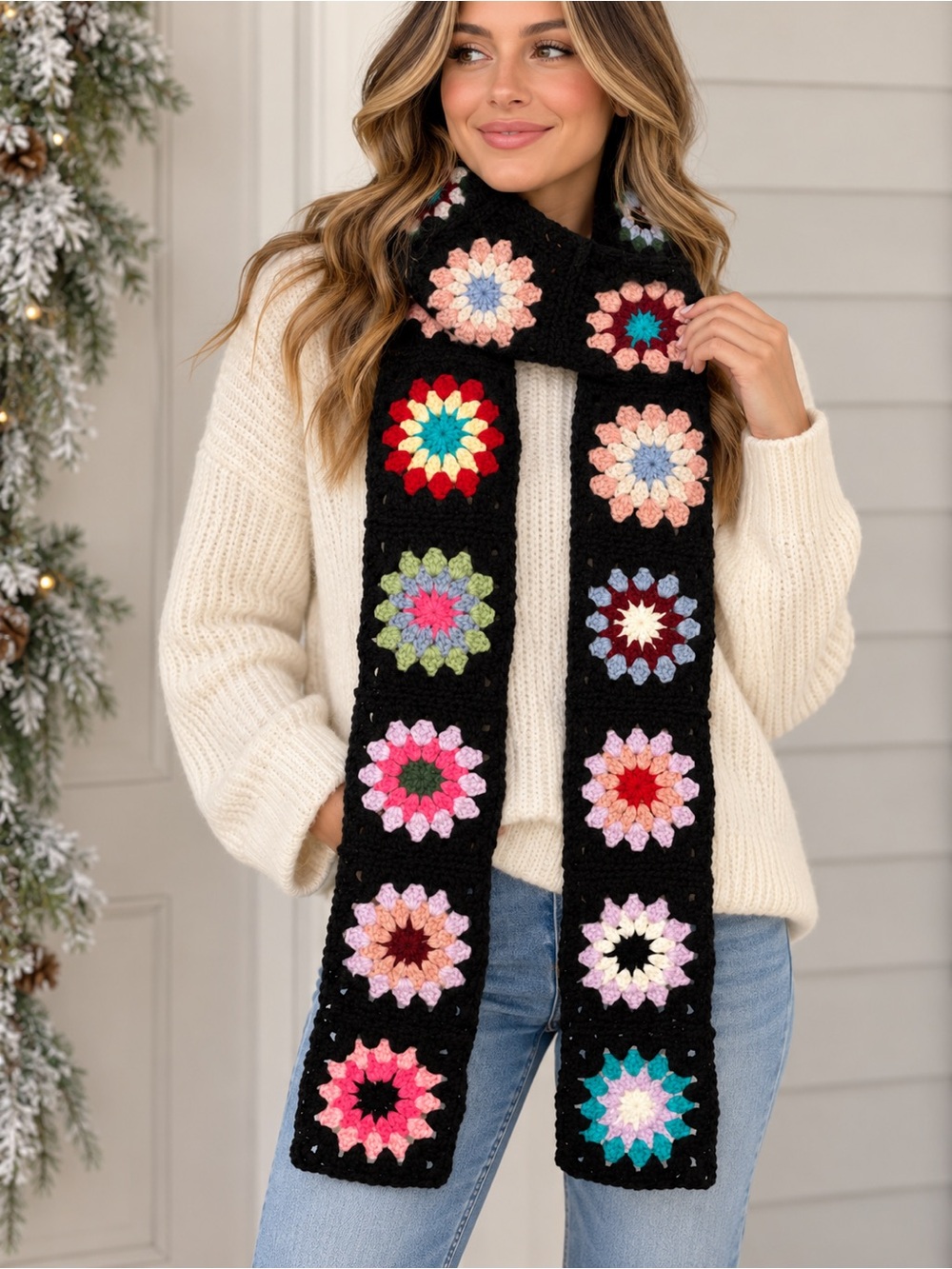 Handmade Crochet Starburst Granny Square Scarf